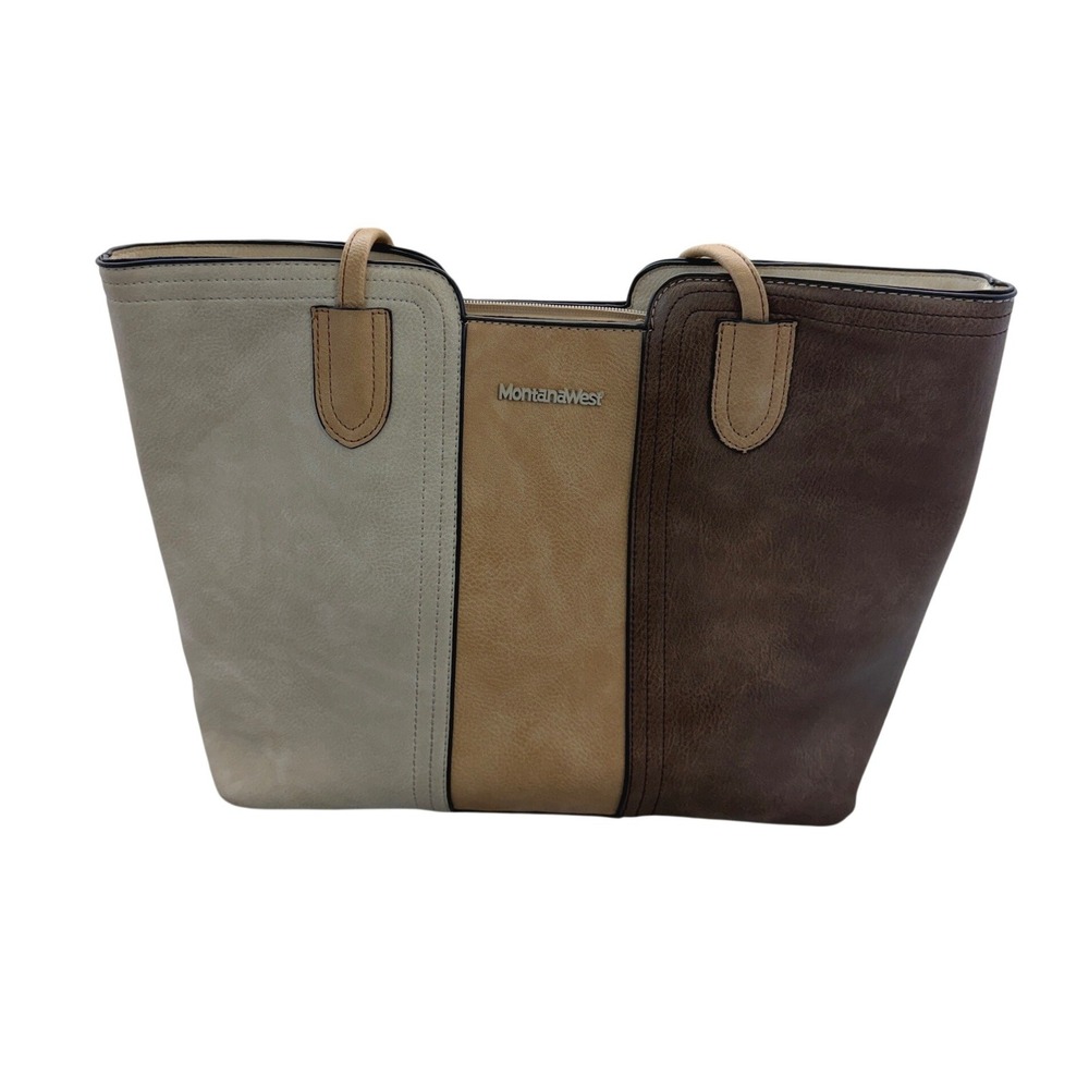 Montana West Color Block Tote‎ Shoulder Bag Brown Tan Cream Vegan Leather
